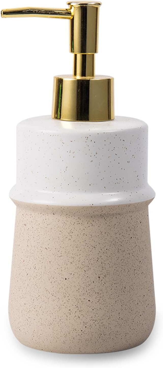 Beige Ceramic Soap Dispenser for Kitchen, Refillable Hand Dispenser with Rust Proof Stainless Steel