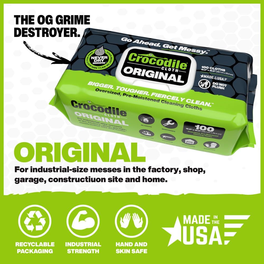 Crocodile Cloth Original Cleaning Wipes, 600 Count (6 Packs of 100) – Heavy-Duty 15” x 10”