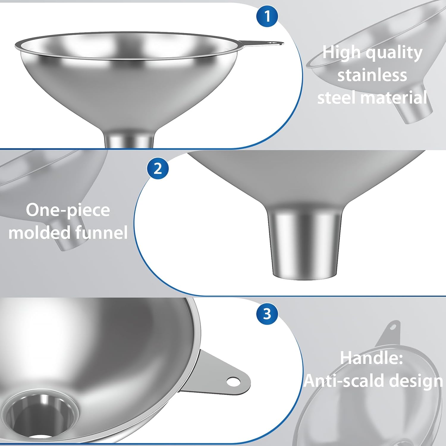 Stainless Steel Funnel with 30 Mesh Filter Food Grade Metal Funnel for Kitchen, Liquids, Oil