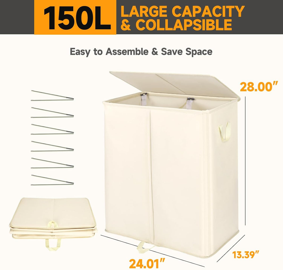 150L Double Laundry Hamper with Lid and Removable Bags,28in Tall Laundry Basket 2 Section,Large