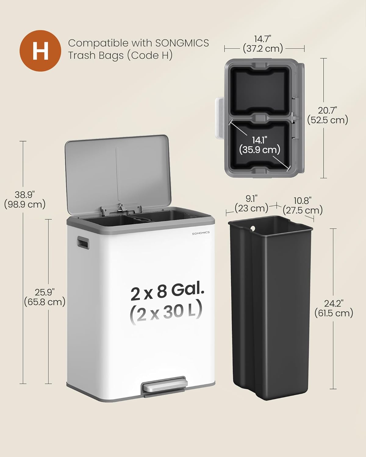 SONGMICS Trash Can, 2 x 8 Gallon (2 x 30 L) Double Garabge Can for Recycling and Waste, Stainless