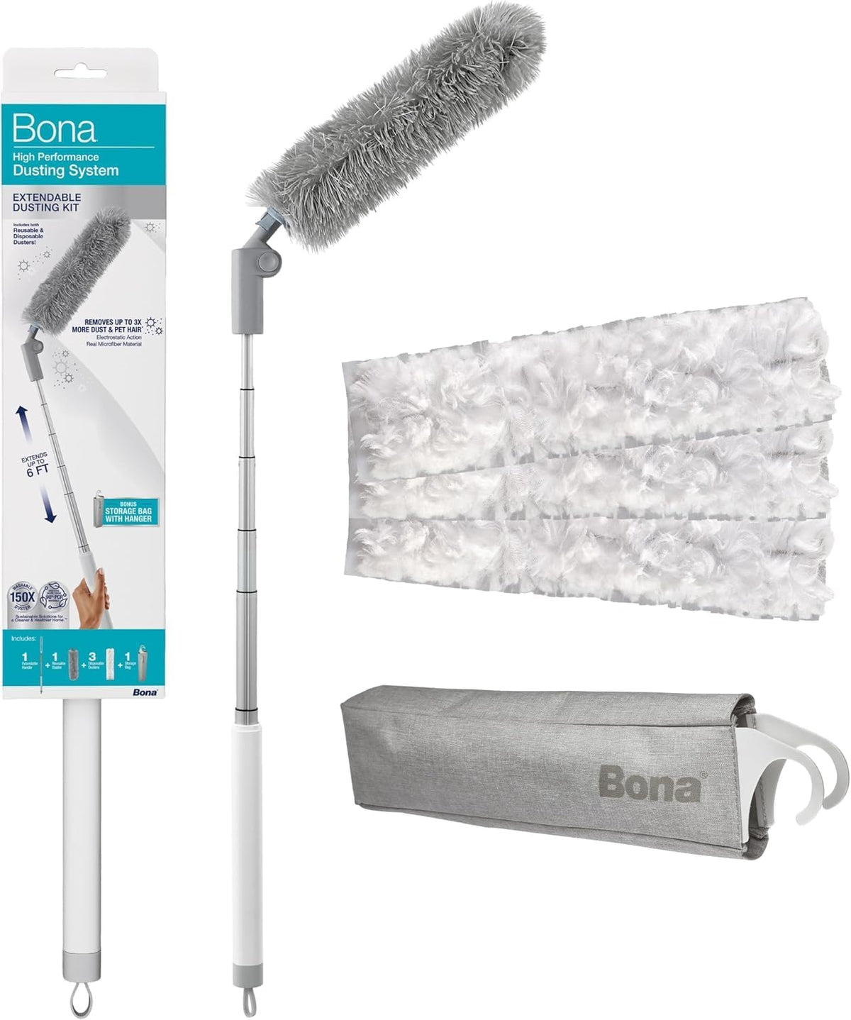 Bona High Performance Dusting System - 1 Extendable Handle, 3 Disposable Dusters, 1 Reusable
