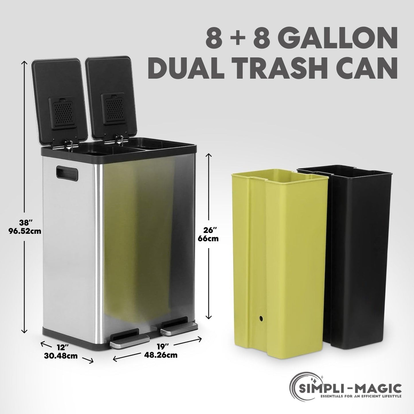Simpli-Magic 16 Gallon (30L x 30L) Dual Compartment Step Trash Can – Kitchen Garbage Can with