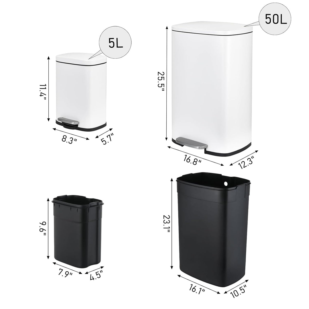 Arlopu 13.2+1.3 Gallon Step Trash Can, Stainless Steel Garbage Bin, Soft-Close Rubbish Bin with