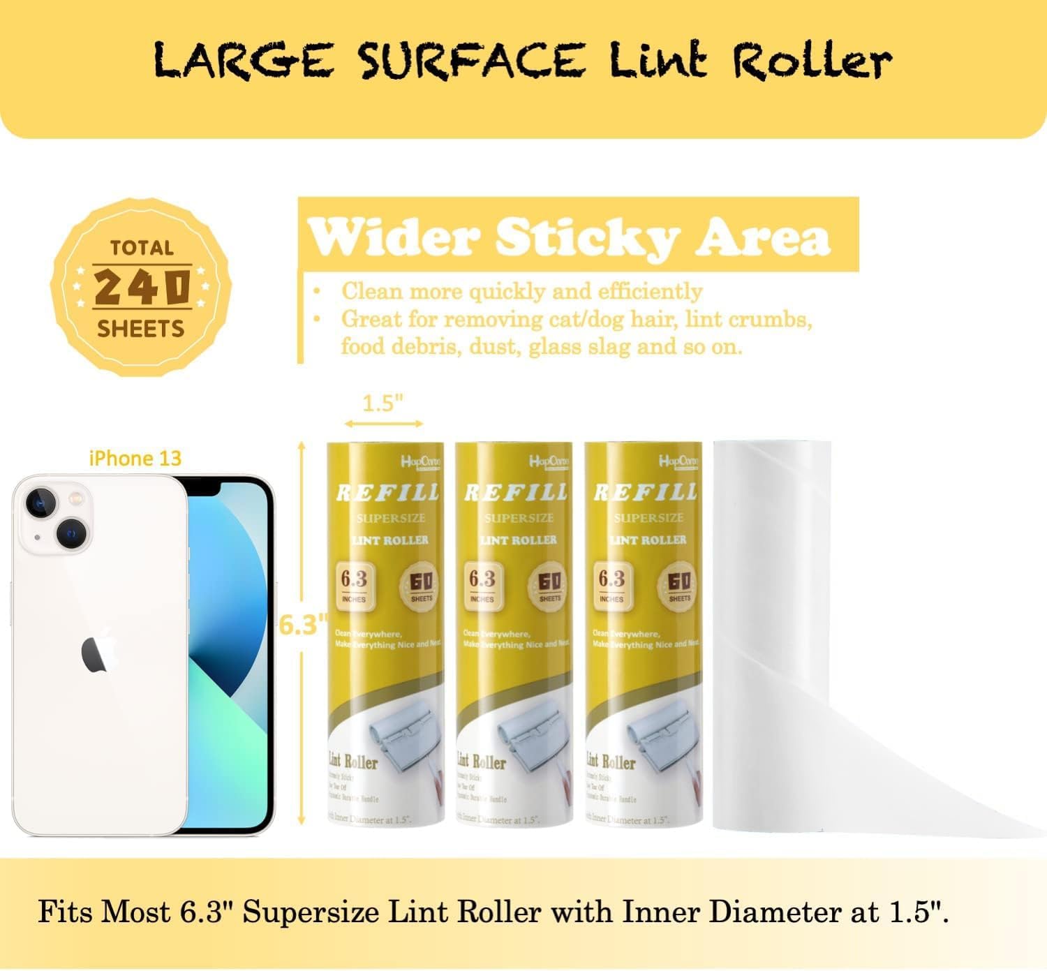 Large Surface Lint Roller Extra Sticky Refills, Total 240 Easy Tear Sheets, Insert Tube Measures