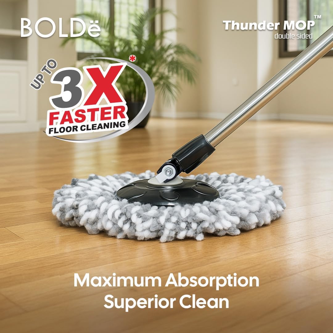 Thunder Mop Spin System - 2 Compact Stackable 6L Buckets, Microfiber Head, Stainless Steel Wringer