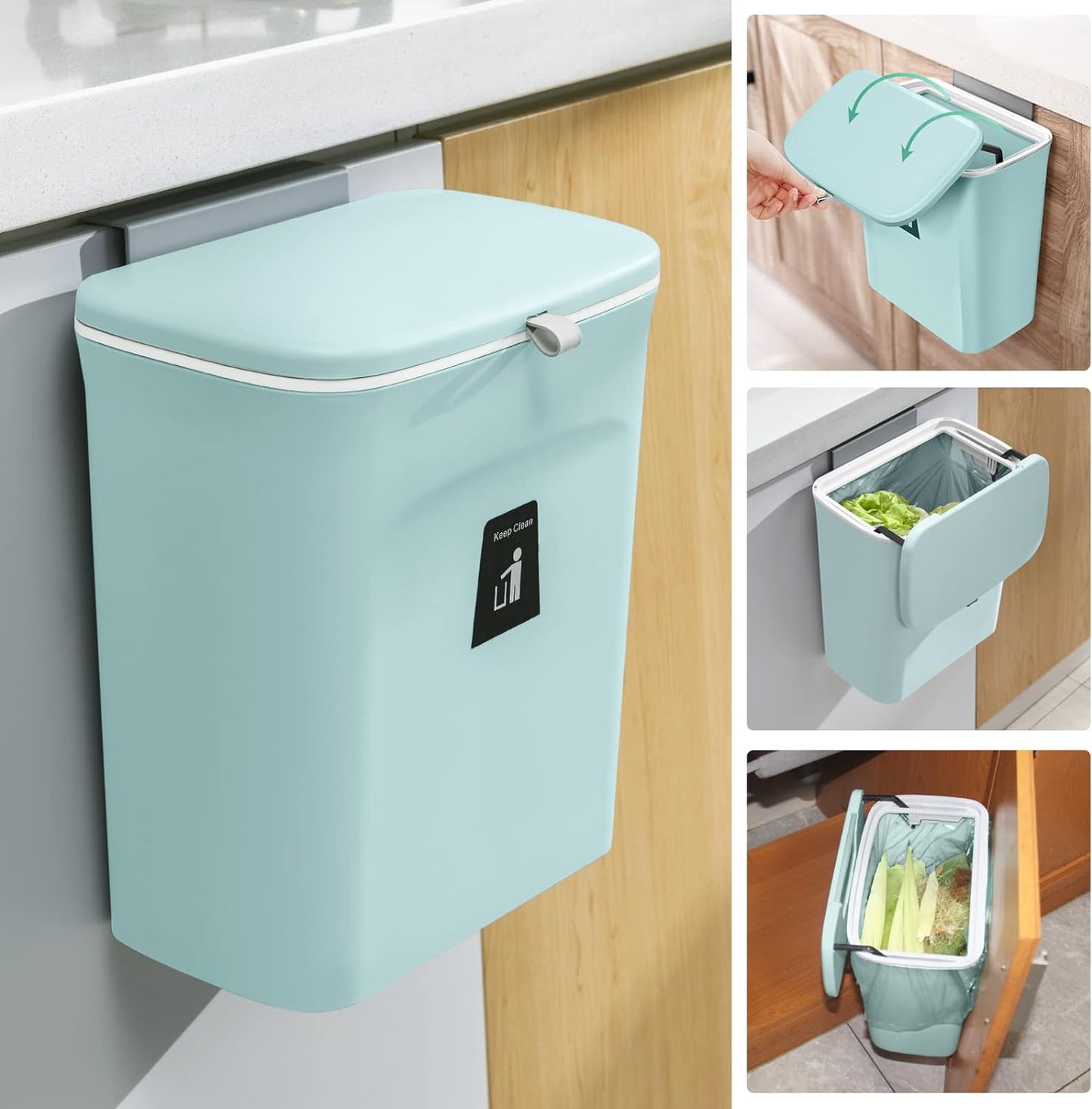 Tiyafuro 2.4 Gallon Kitchen Compost Bin for Counter Top or Under Sink, Hanging Small Trash Can with