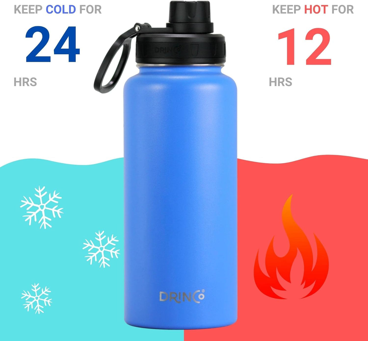 DRINCO Stainless Steel Water Bottle Spout Lid Vacuum Insulated Double Wall Water Bottle Wide Mouth