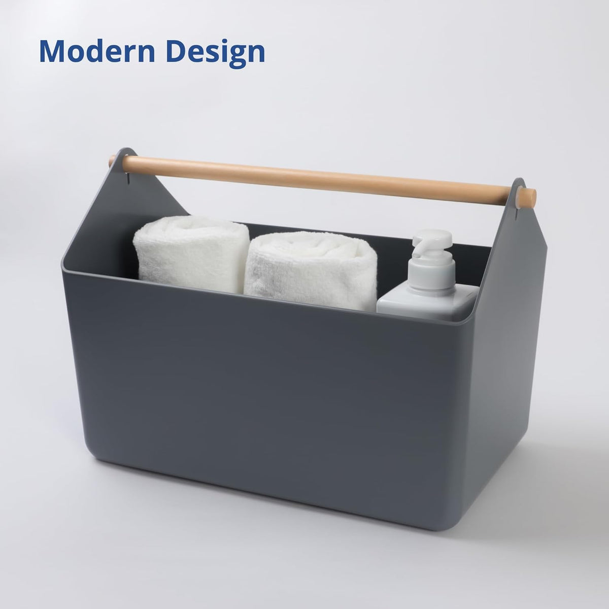 BLUE GINKGO Large Storage Basket – Plastic Caddy with Wooden Handle for Bathroom, Pantry, or