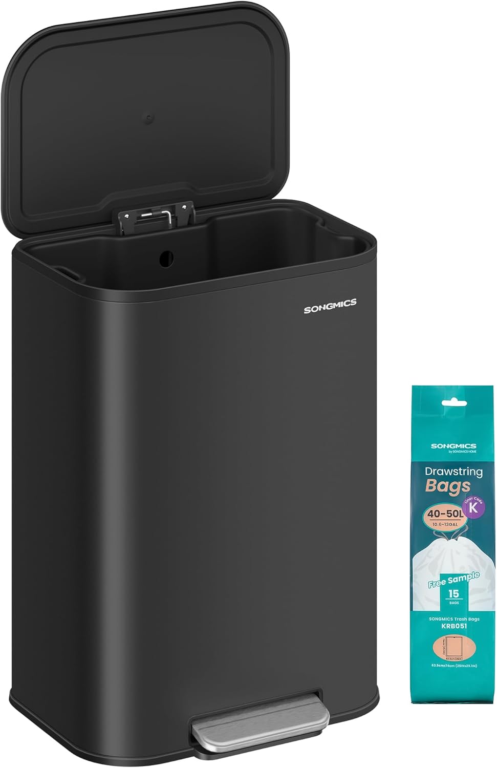 SONGMICS Kitchen Trash Can, 13-Gallon (50 L) Garbage Can with Lid, Stainless Steel, Soft Close and