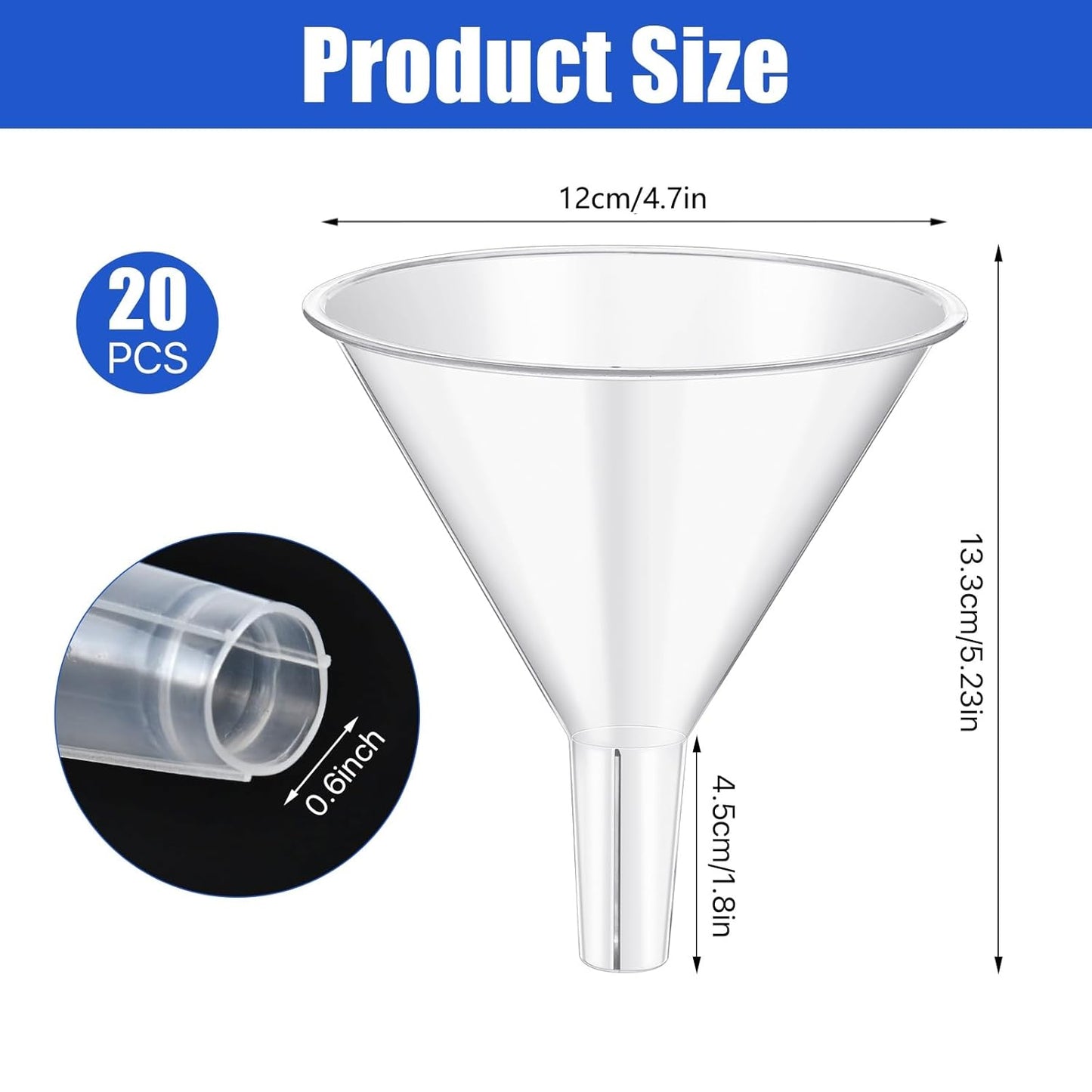 20PCS Plastic Funnels, 4.7'' Clear Plastic Funnels, Wide Mouth Funnel for Filling Bottles, Large