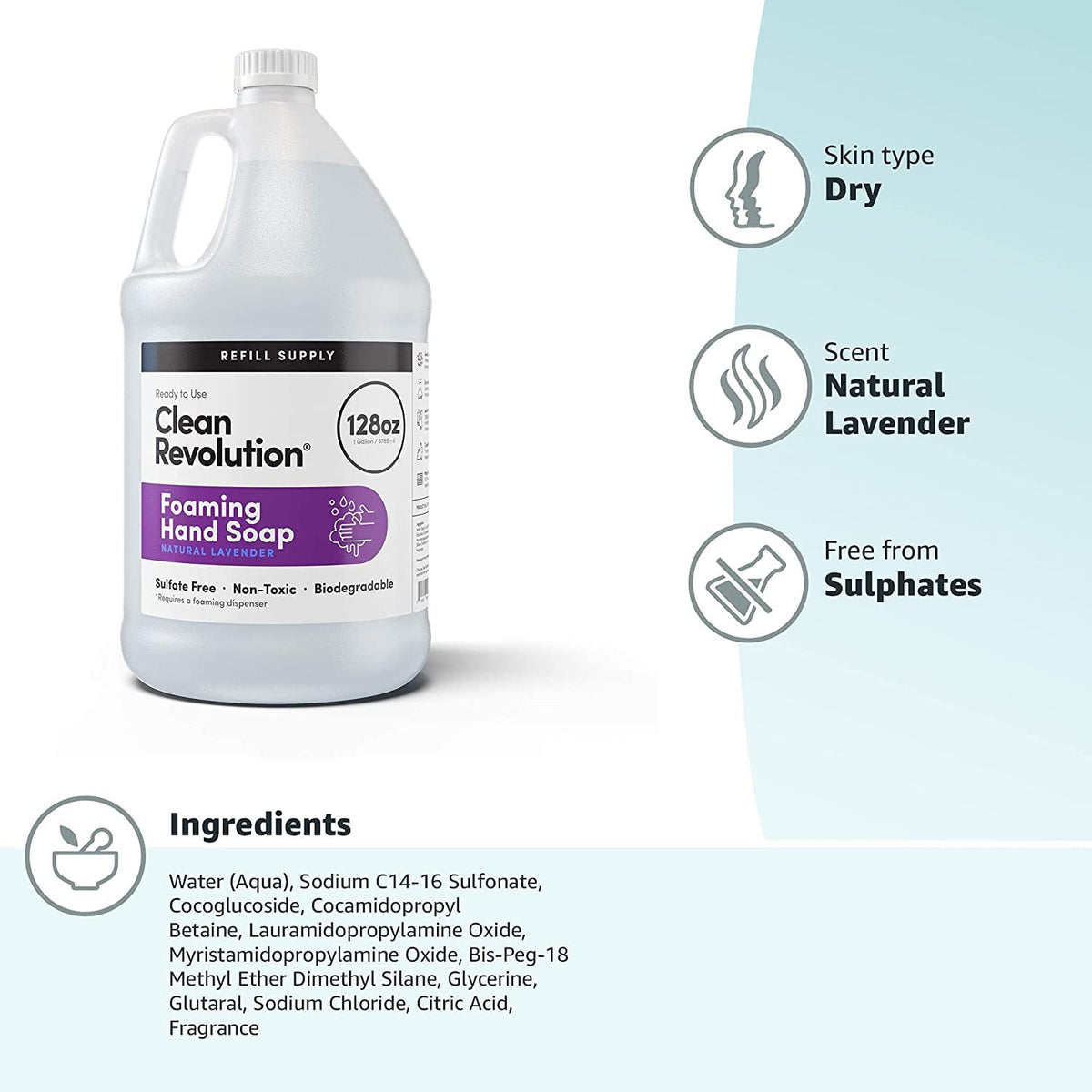 Clean Revolution Foaming Hand Soap Refill Supply Container. Ready to Use Formula. Natural Lavender