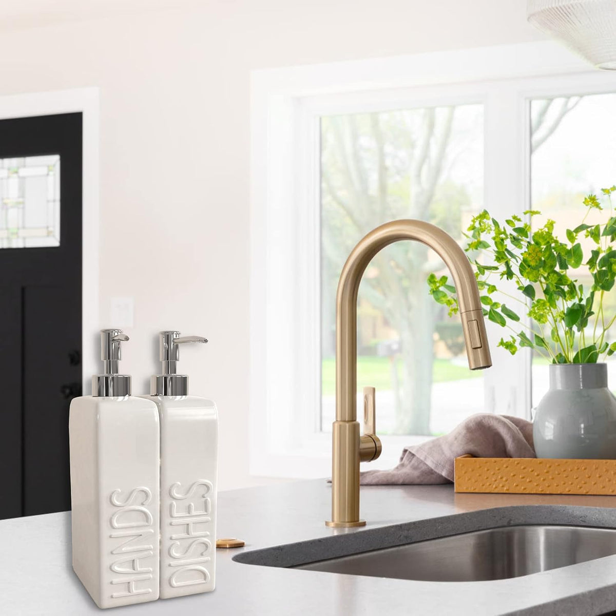 Soap Dispenser Set with Stainless Steel Pump, 2 Pack Ceramic Refillable Dish Soap and Hand Soap