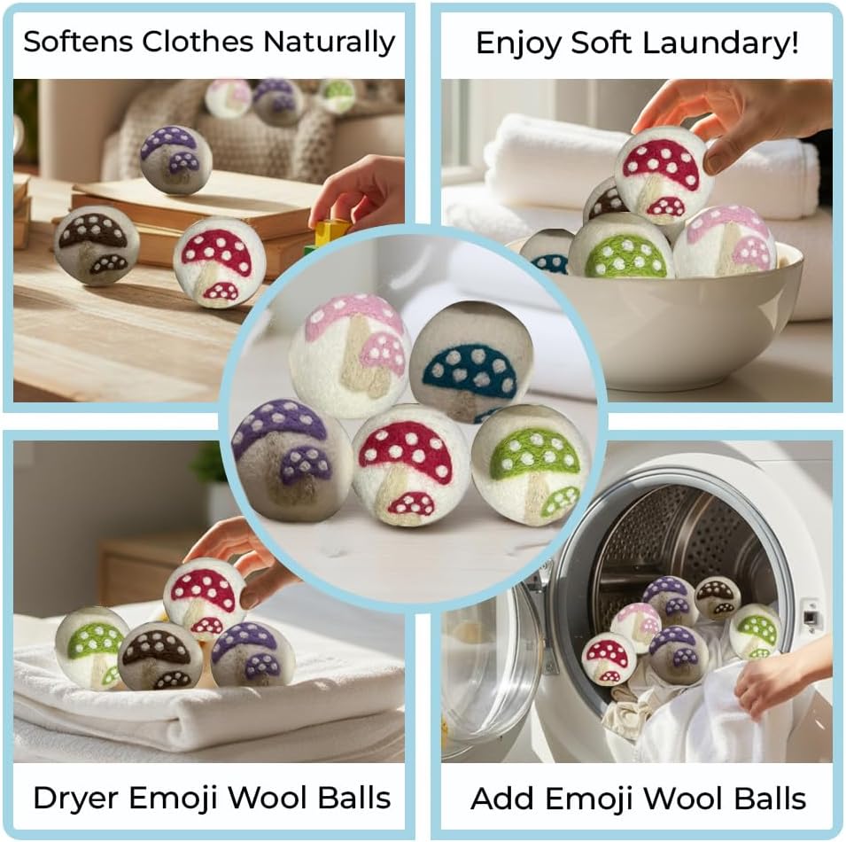 Ezhippie Quality Wool Dryer Balls - 6 XL Mushroom Pack - 1000+ Loads - Pure Organic Wool - Reusable