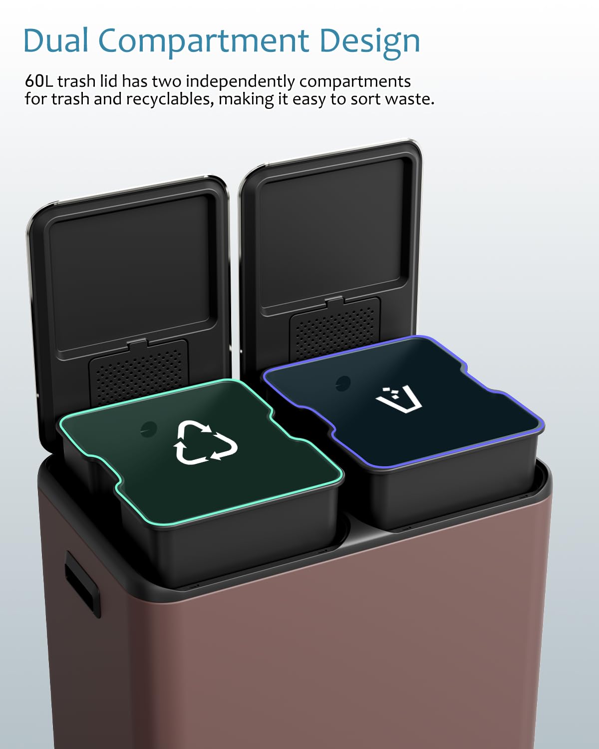 16 Gal (2 x 30 L) Dual Trash Can, Stainless Steel Kitchen Garbage Bin, Recycle Dustbin with Odor