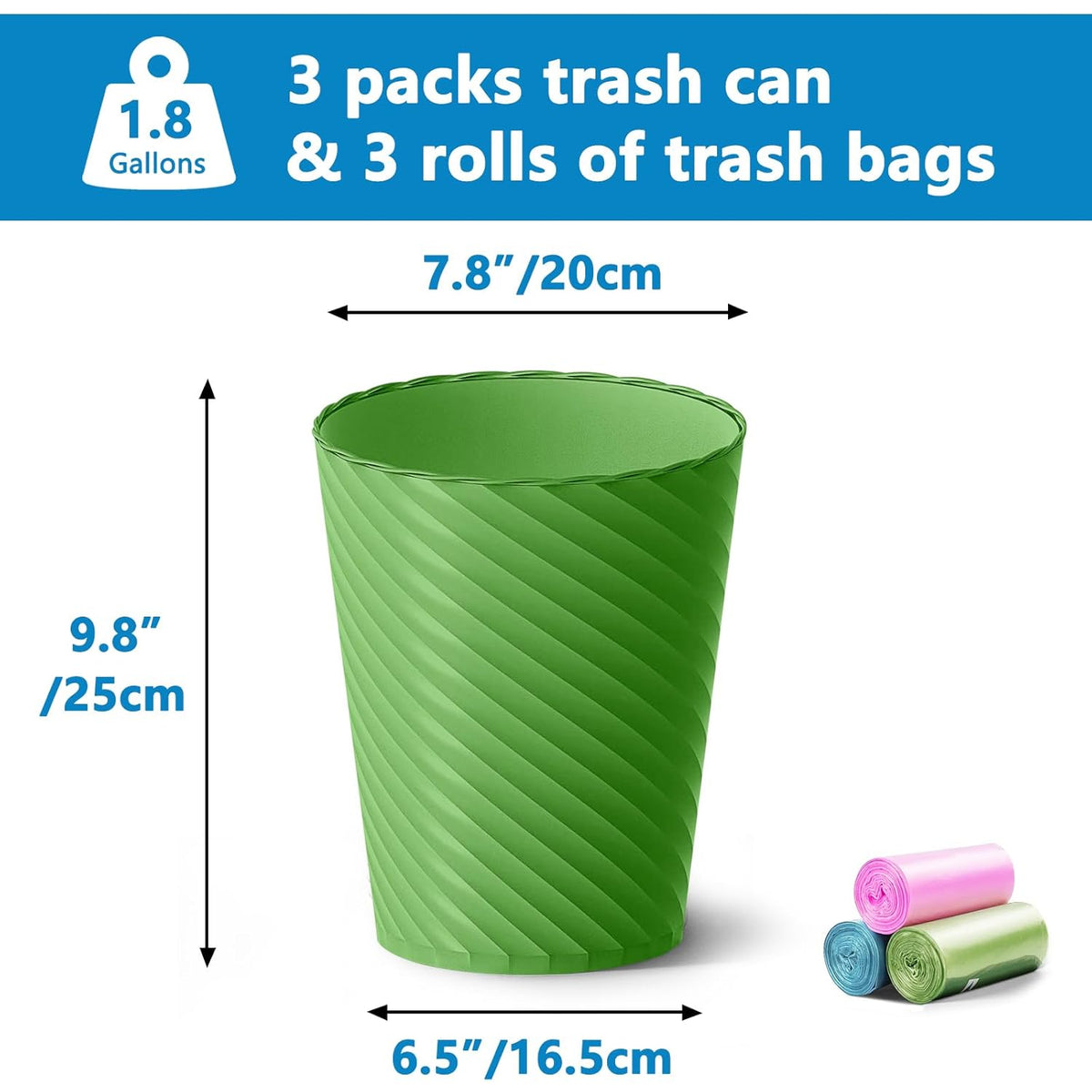 Bathroom Trash Can, 3 Pack 1.8 Gallons Small Trash Can with Trash Bags, Bathroom Garbage Can