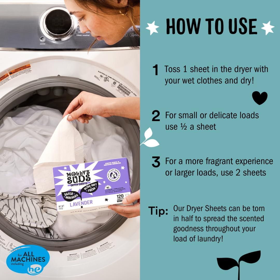 Molly's Suds Fabric Softener Dryer Sheets for Sensitive Skin | Plant-Based Static Reducer