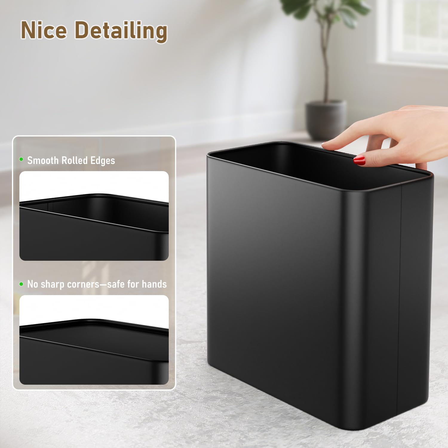 Small Bathroom Trash Can 2.4 Gallon Wastebasket, Slim Metal Garbage Can Matte Black Stainless Steel