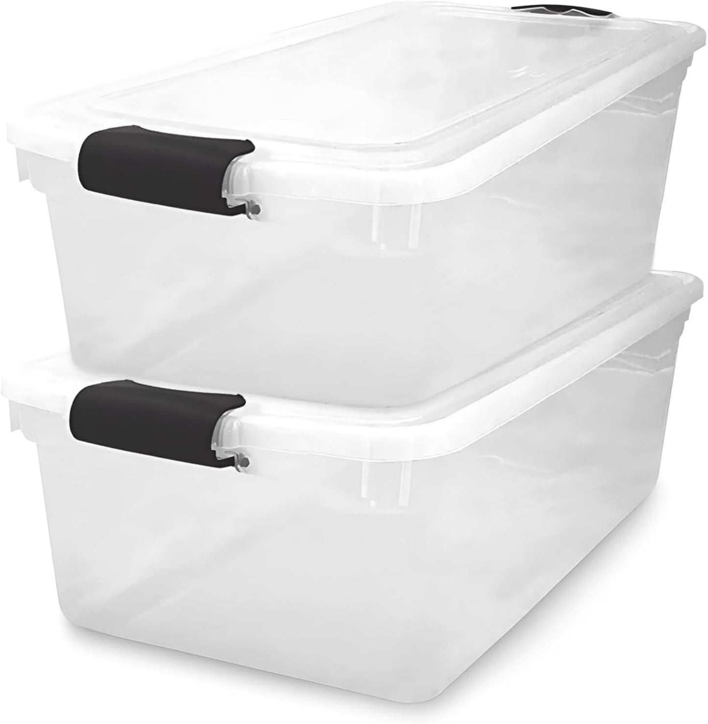 HOMZ 2-Pack Latching Lid, Large Clear Plastic Storage Bins with Lids, 66 Quart, Gray Latch