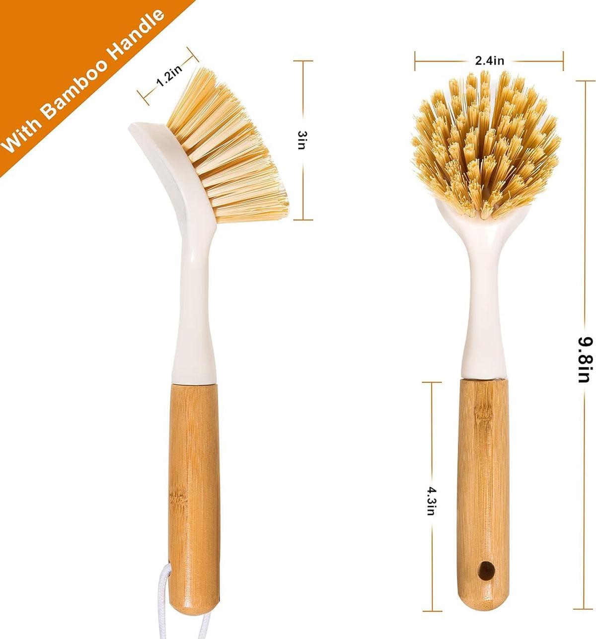 2 Pack Kitchen Dish Brushes with Bamboo Handle, Dish Scrubber Built-in Scraper, Scrub Brush for