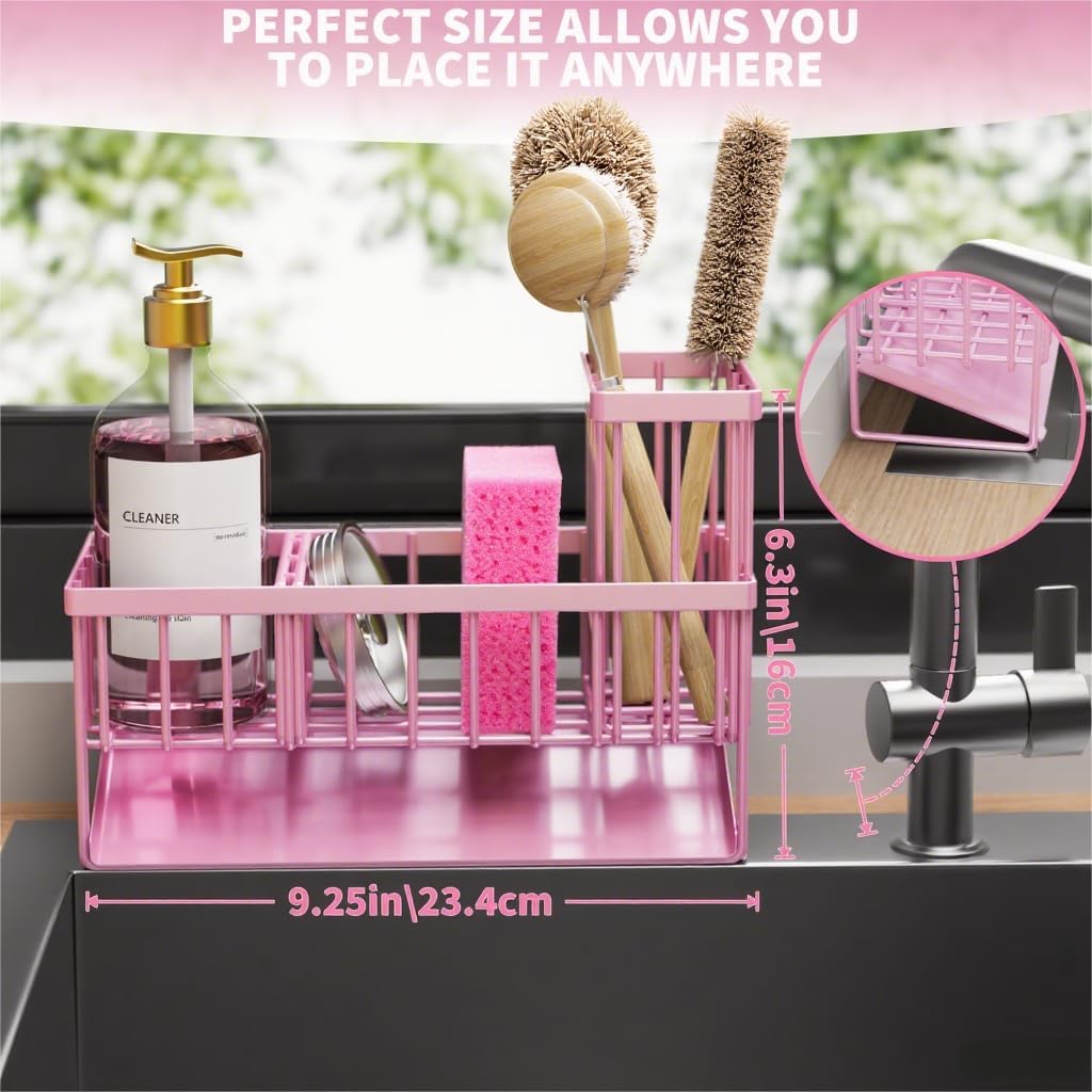 Cisily Pink Kitchen Sink Caddy Organzier with High Brush Holder, Sponge Holder for Sink, 304