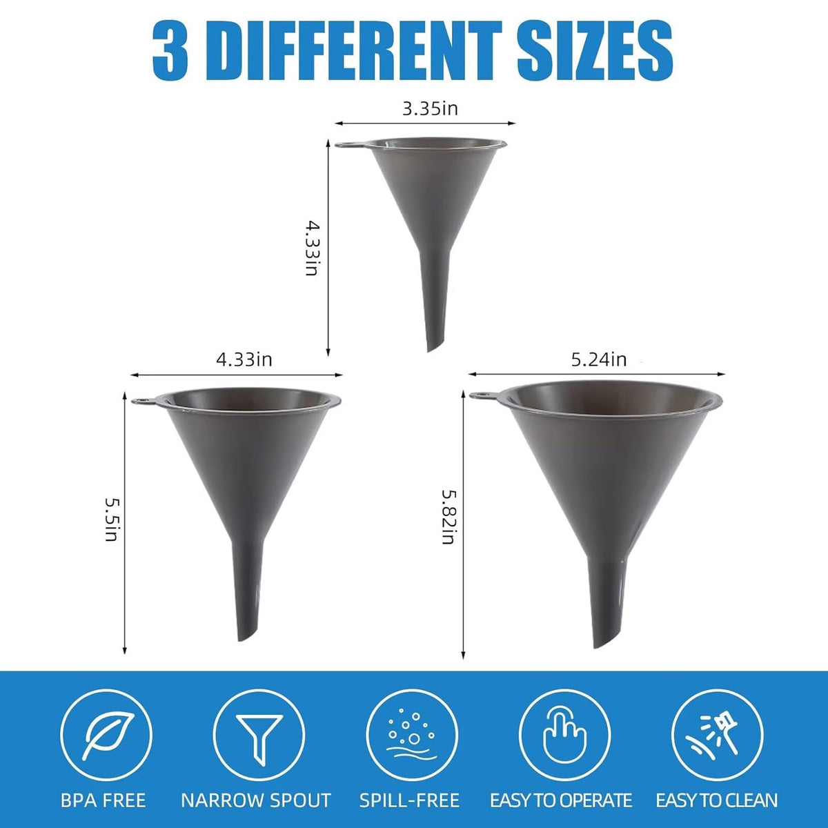 Plastic Kitchen Funnel Set of 3, Round Kitchen Funnels for Filling Bottles, Durable and