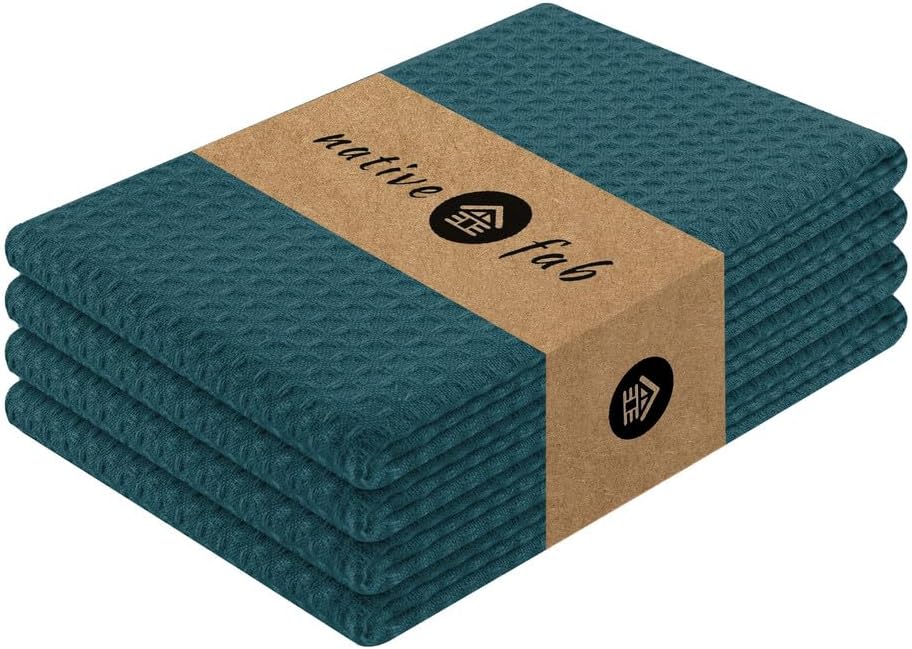 Native Fab Waffle Weave Kitchen Towels, 4 Pack, 16x26 inches, 100% Cotton, Soft & Absorbent Towel