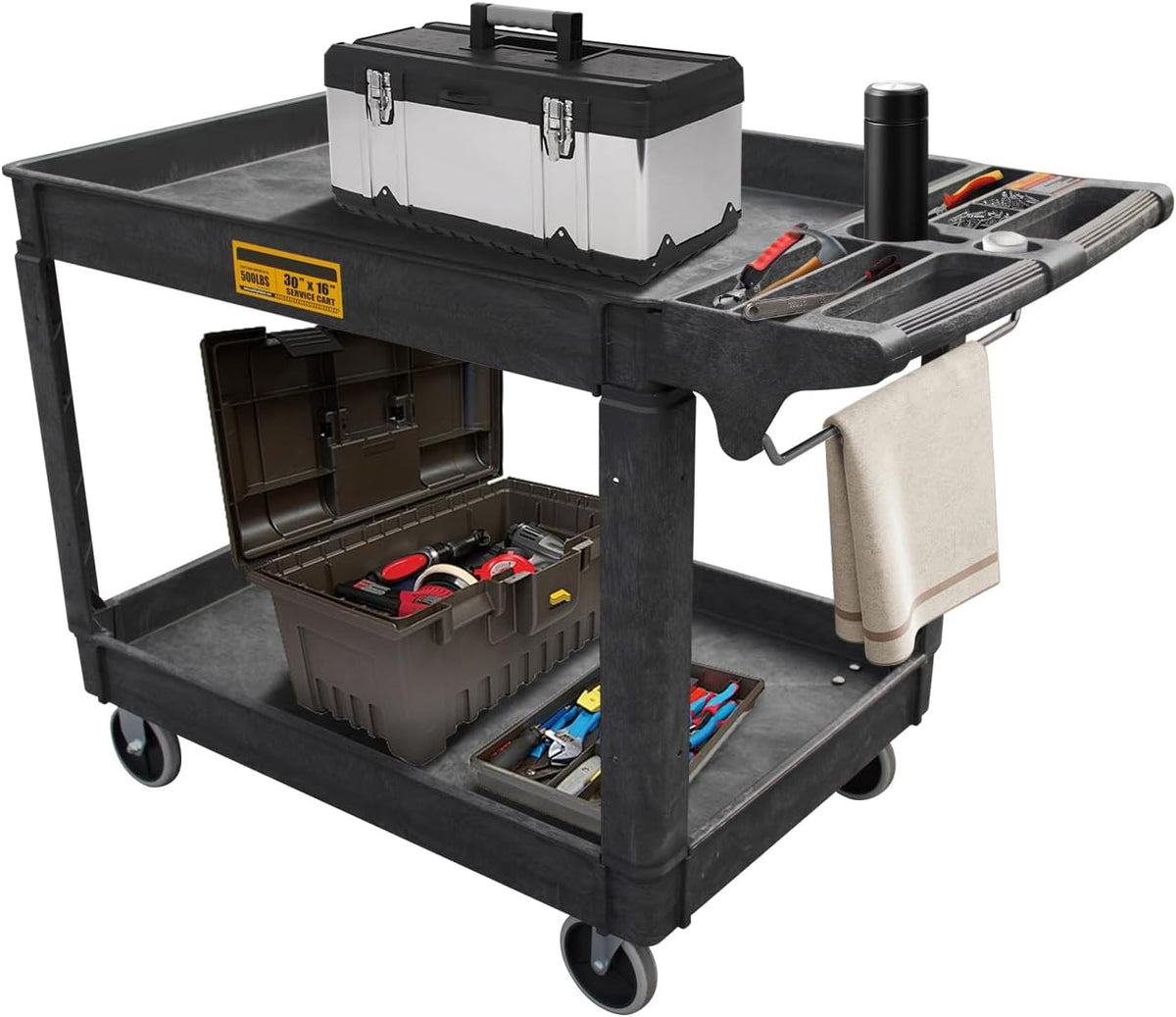 Utility Service Cart, 2-Shelf 500LBS Heavy Duty Plastic Rolling Utility Cart with 360° Swivel