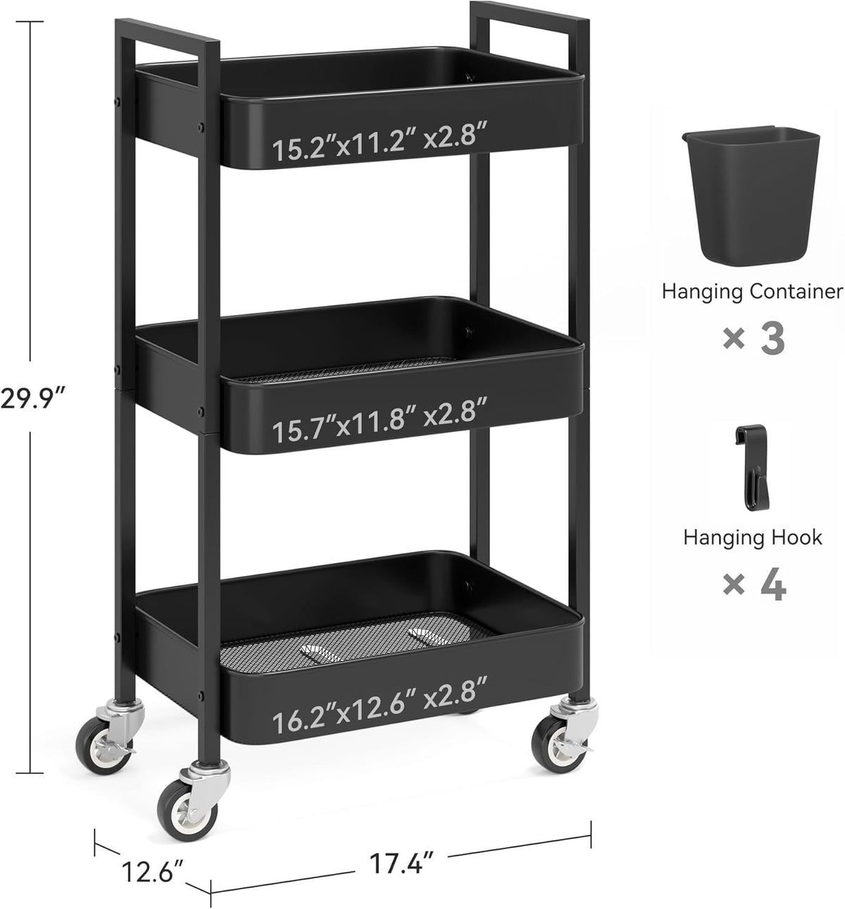3 Tier Rolling Cart,Utility Cart with Locking Wheels, Hanging Cups & Hooks, Heavy Duty Metal