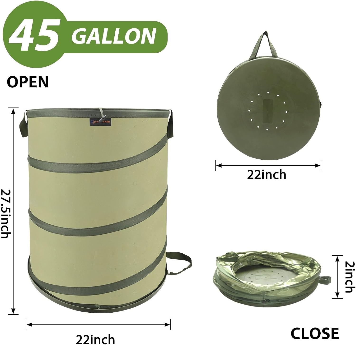 YUDI & GARDEN 45 Gallon Hard Bottom Collapsible Garden Bag｜Collapsible Trash Can｜Camping Trash Can