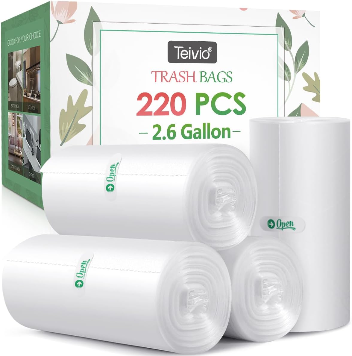 2.6 Gallon 220 Counts Strong Trash Bags Garbage Bags by Teivio, Bathroom Trash Can Bin Liners