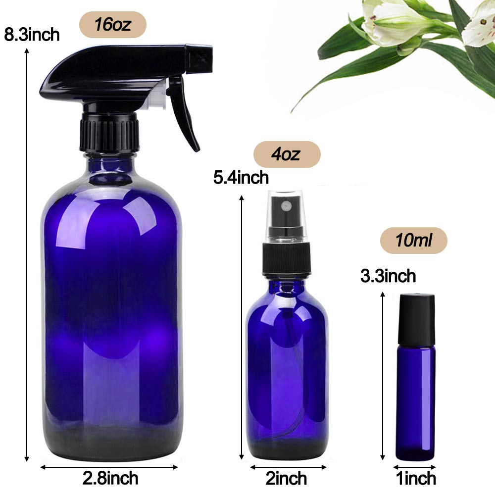 Glass Spray Bottle Kit×10 (2×16 oz, 2×4 oz, 6×2 oz), 9×10 ml Roller Bottles, Anti UV, Multi Size
