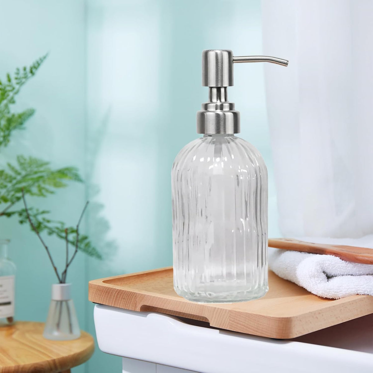 14Oz Clear Soap Dispenser Bathroom, Glass Hand Soap Dispensers with Stainless Steel Pump
