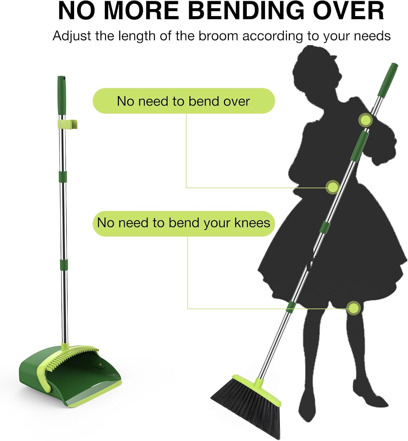 Broom and Dustpan Set, 52-in Long Adjustable Handle Broom Dustpan Combo with Dust pan Teeth to