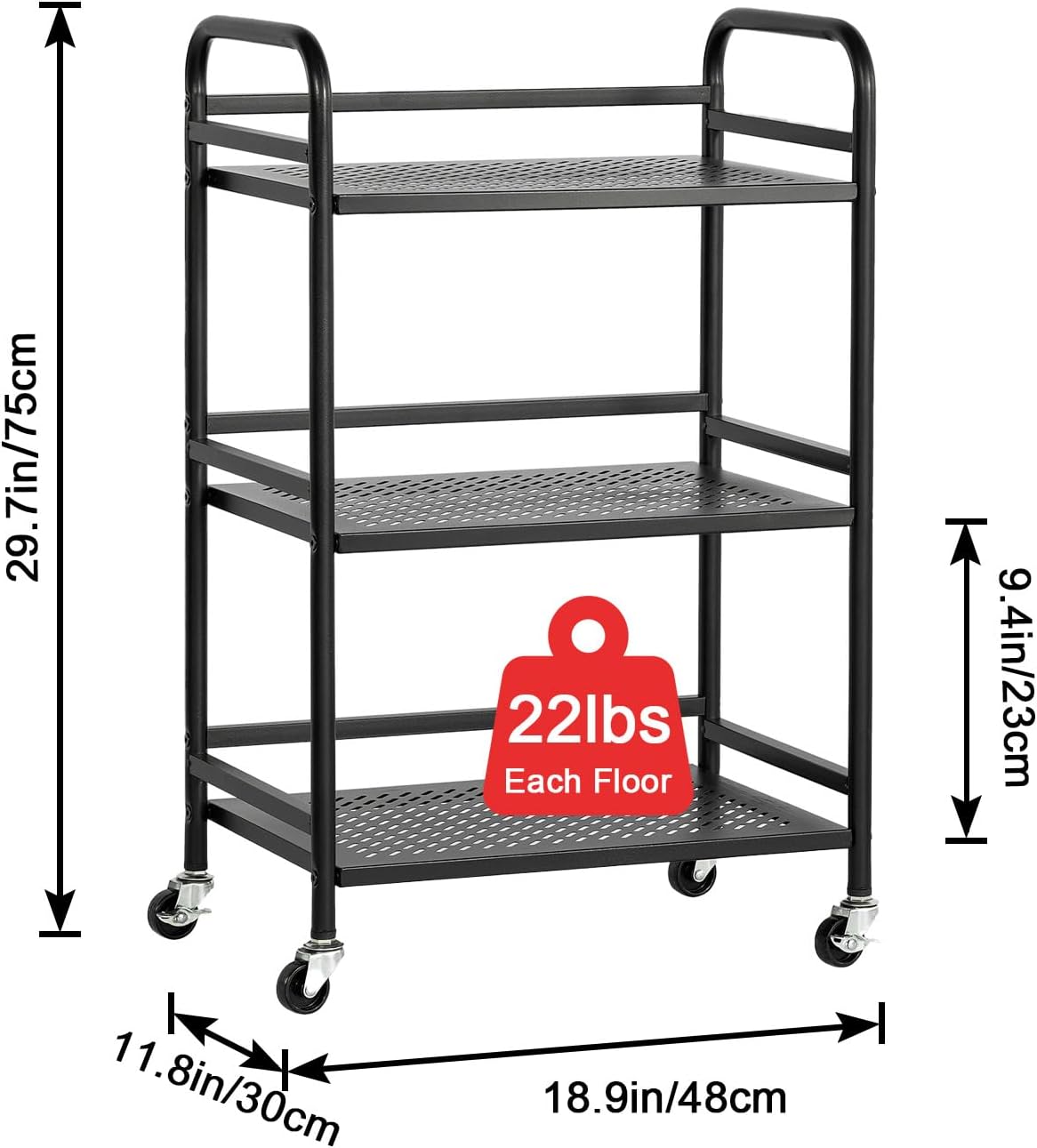 HDANI 3 Tier Rolling Cart,Heavy Duty Multifunctional Metal Frame-Supports 22 Lbs Per Tier,Rolling