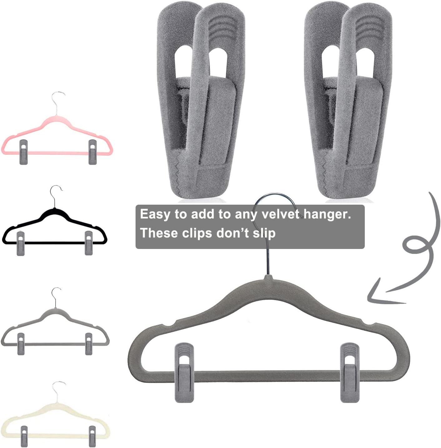 Grey Hanger Clips for Velvet Hangers - 40 PCS Gray Nonslip Velvet Hanger Clips, Skirt Hanger