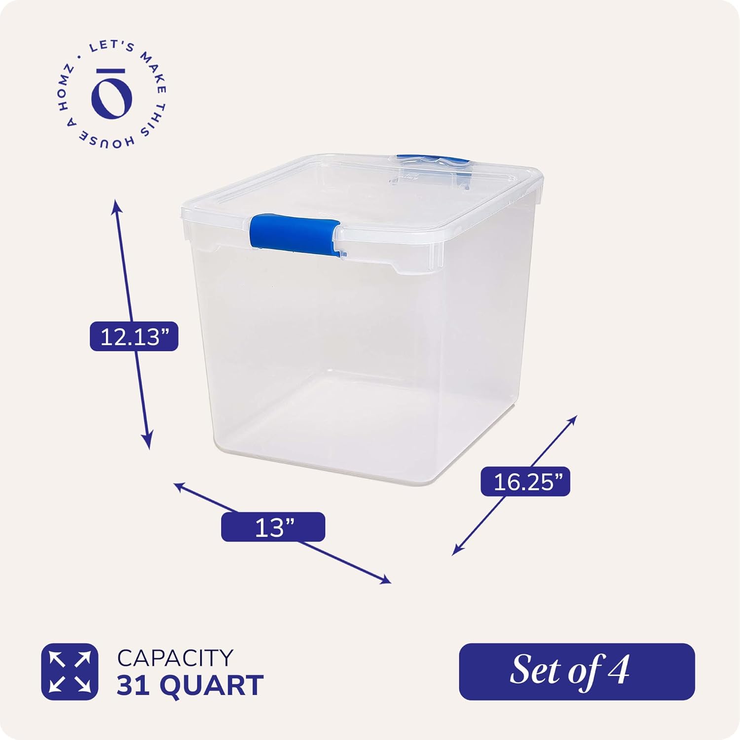 HOMZ 4-Pack Latching Lid, Large Clear Plastic Storage Bins with Lids, 31 Quart, Blue Latch