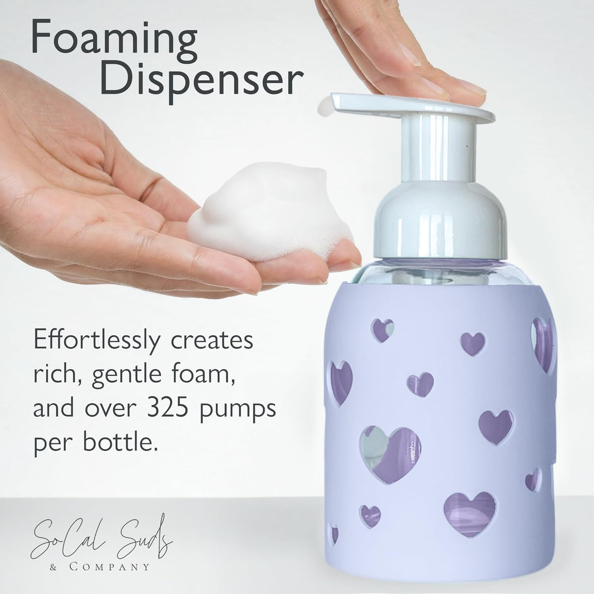 SoCal Suds & Company Glass Foaming Hand Soap Dispenser, Heart Silicone Sleeve, Refillable Pump