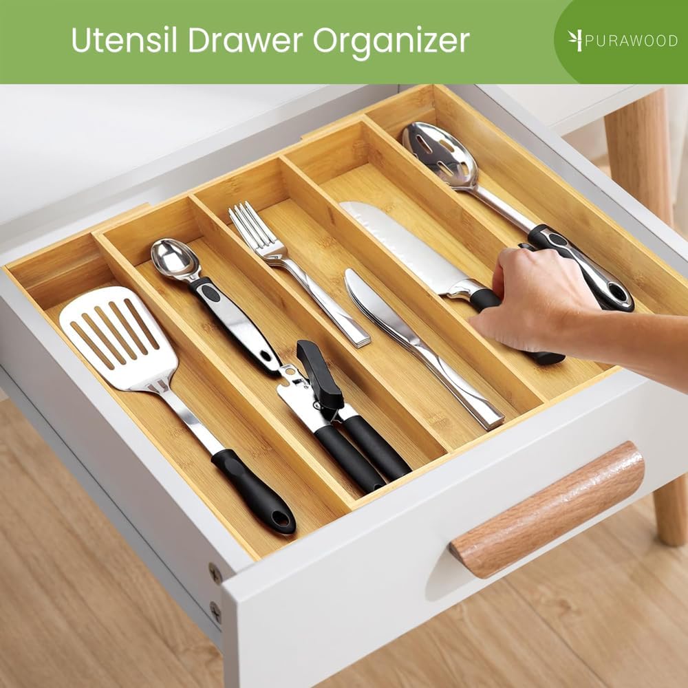 Purawood Kitchen Drawer Organizer, 2 Pack - Expandable Utensil Drawer Organizer for Kitchen