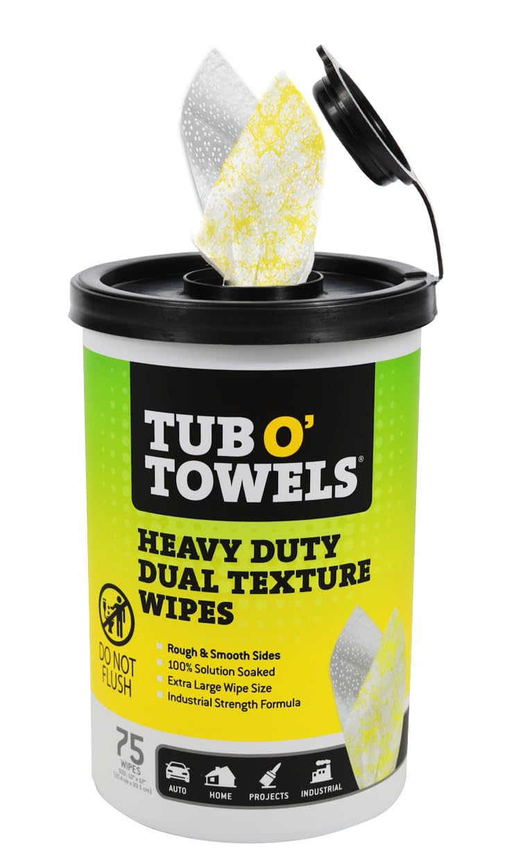 Tub O’ Towels TW75 Heavy-Duty 10" x 12" Size Multi-Surface Cleaning Wipes, Dual Texture, 75 Count