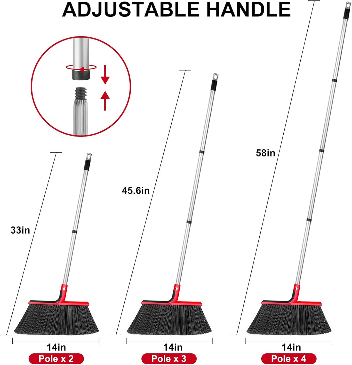 Angle Broom with 58″ Long Handle – 14″ Wide Stiff Bristles for Indoor & Outdoor Sweeping, Garage