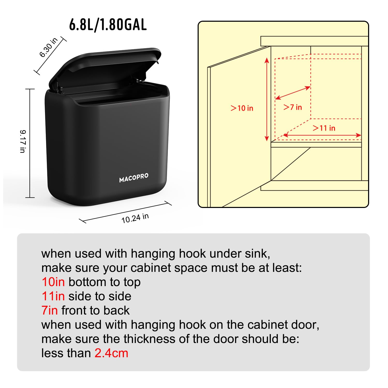 Compost Bin Hanging Trash Can with Lid Under Sink for Kitchen, Food Waste Bin for Countertop with