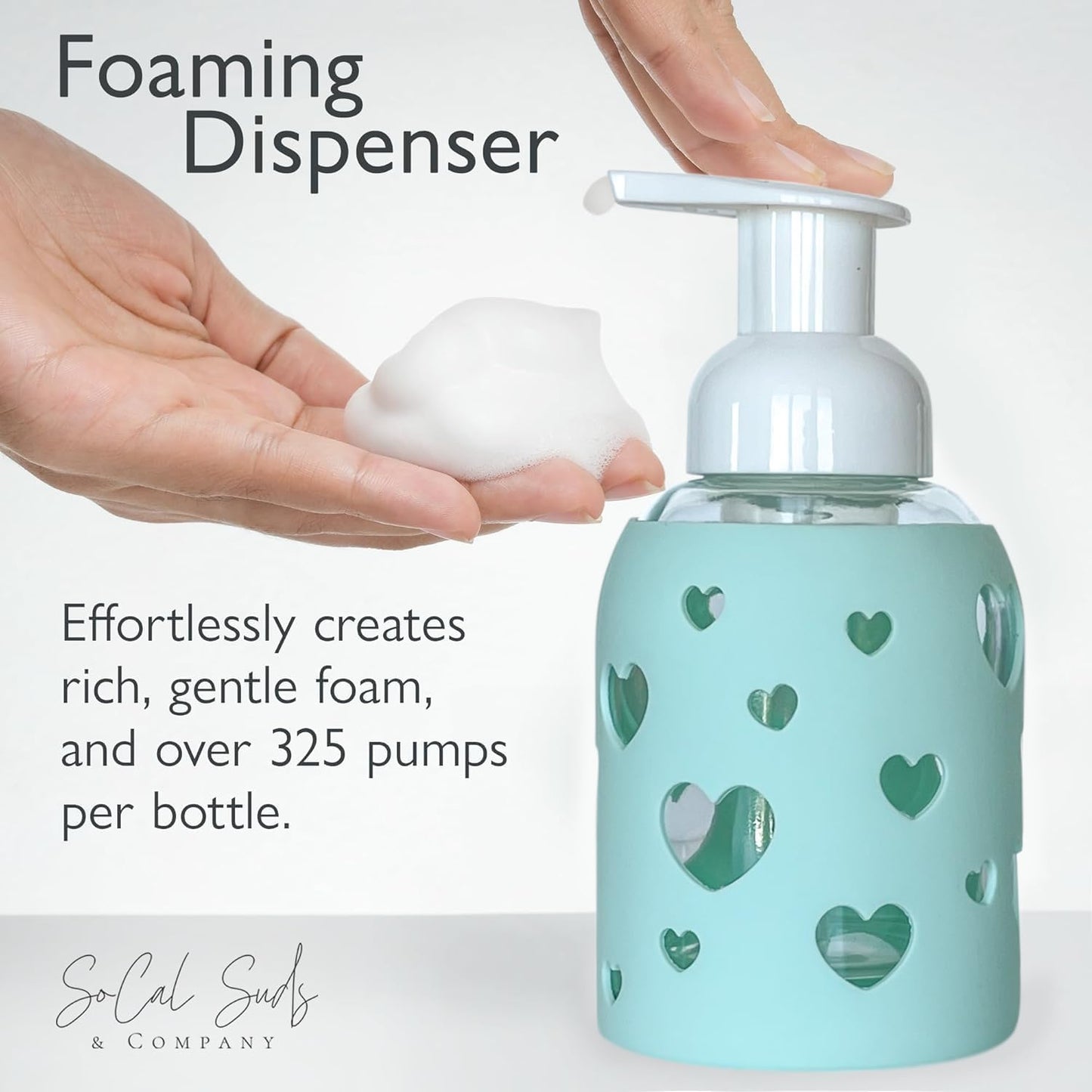 SoCal Suds & Company Glass Foaming Hand Soap Dispenser, Heart Silicone Sleeve, Refillable Pump