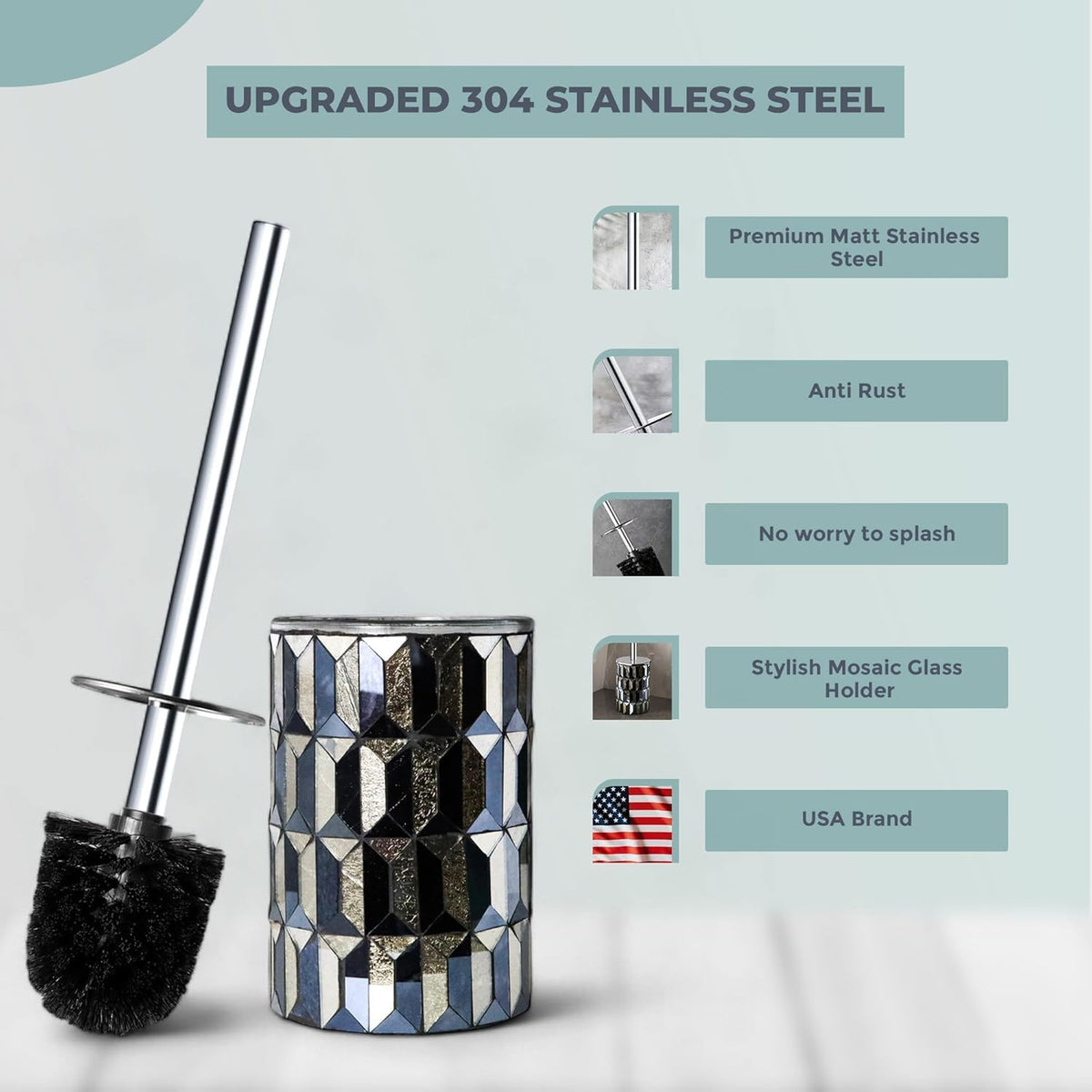 Escenzy Cute Toilet Brush and Holder Set Mosaic Glass | Non-Rustic Stainless Steel | Practical &