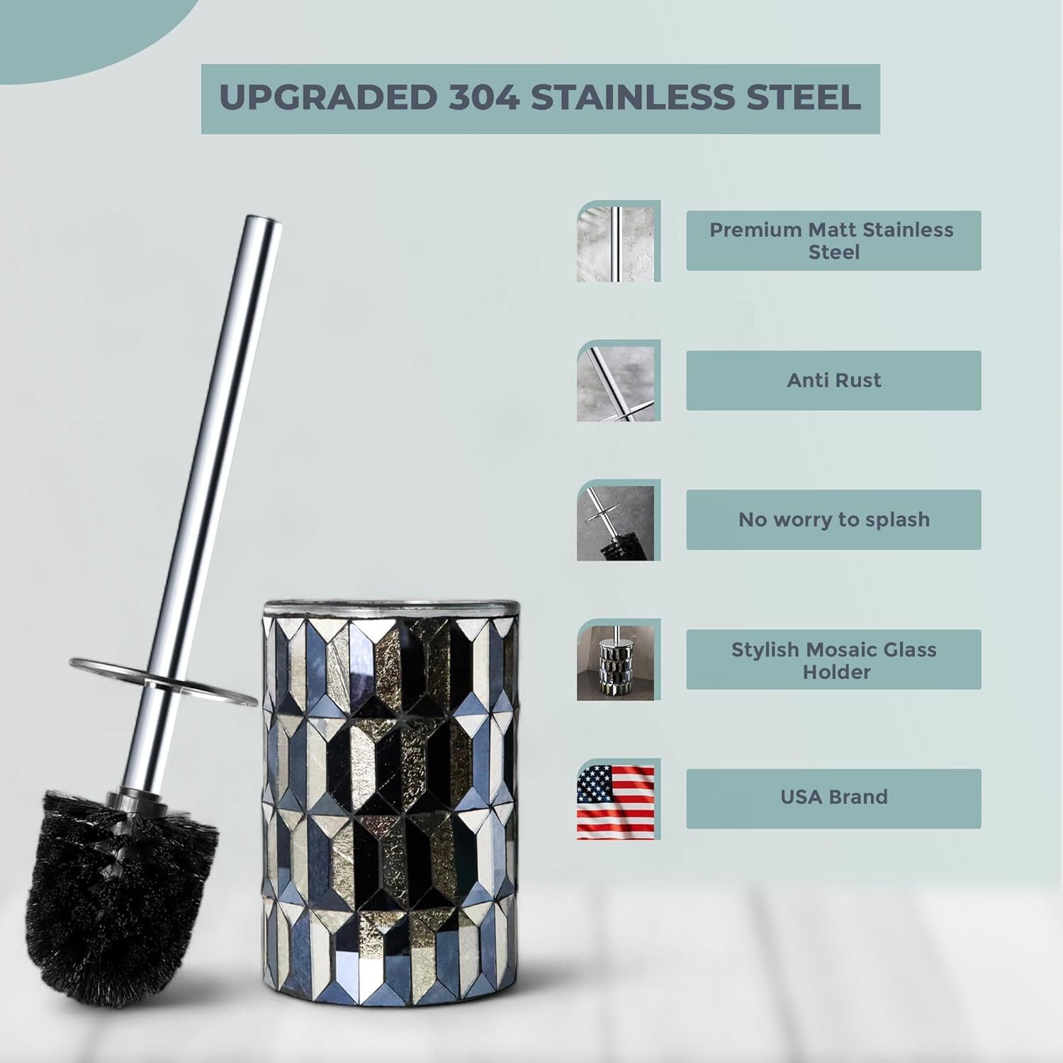 Escenzy Cute Toilet Brush and Holder Set Mosaic Glass | Non-Rustic Stainless Steel | Practical &