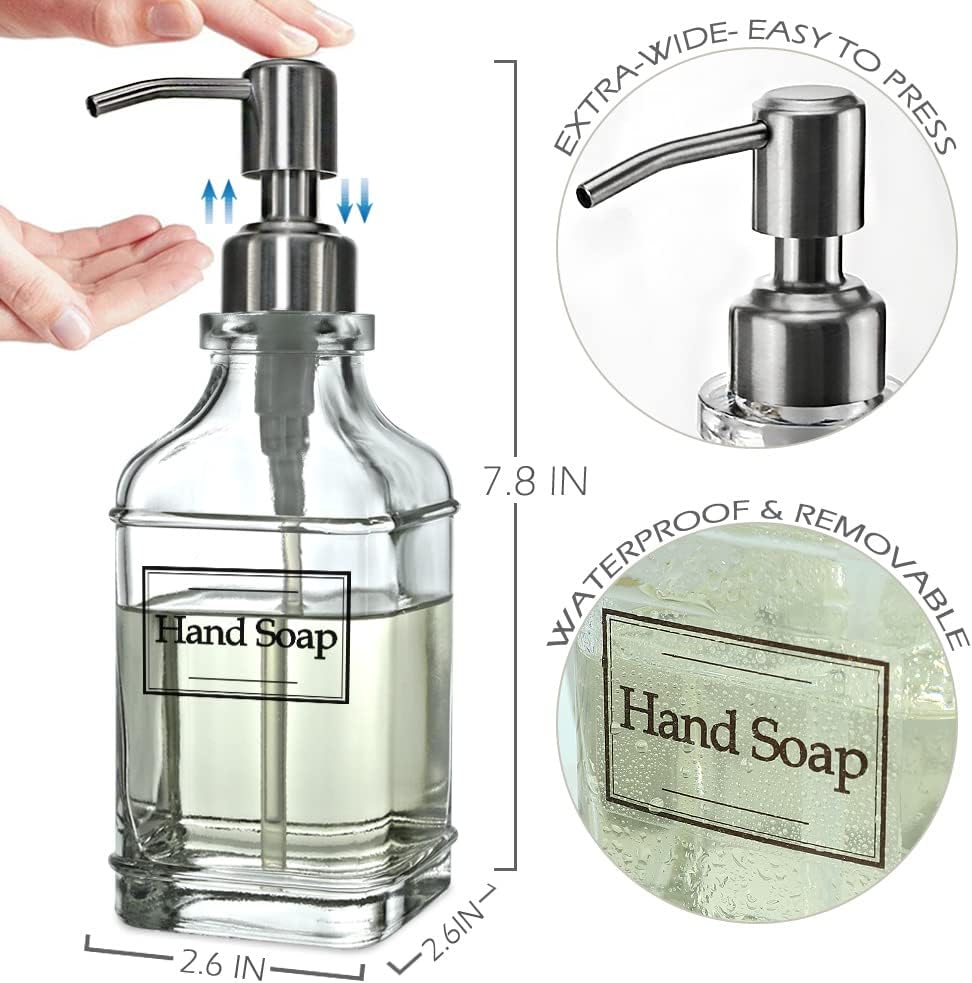JASAI Antique Design Soap Dispenser with Rust Proof 304 Stainless Steel Pump, Refillable Clear