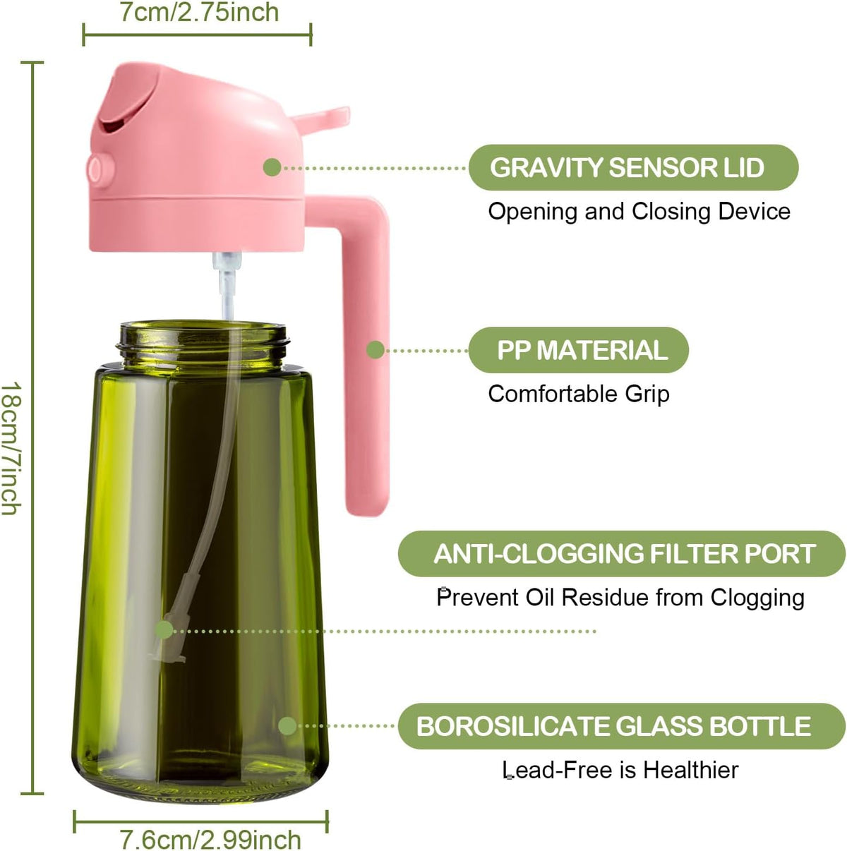 YARRAMATE 16oz/470ml Dark Green Oil Sprayer for Cooking with Stickers, Food-grade Premium 2 in 1