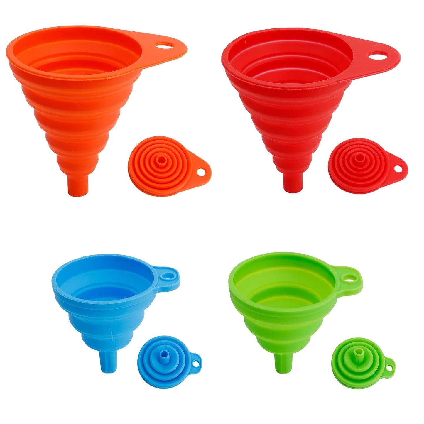 Kitchen Funnel Set of 4, Food Grade Foldable Small and Large Funnel Colorful Silicone Collapsible
