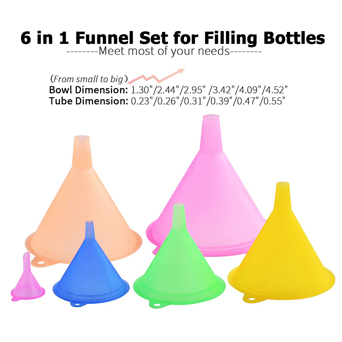 Delove All Purpose Plastic Funnel Set of 6 - Funnels for Kitchen Use Filling Bottles - Small Funnel