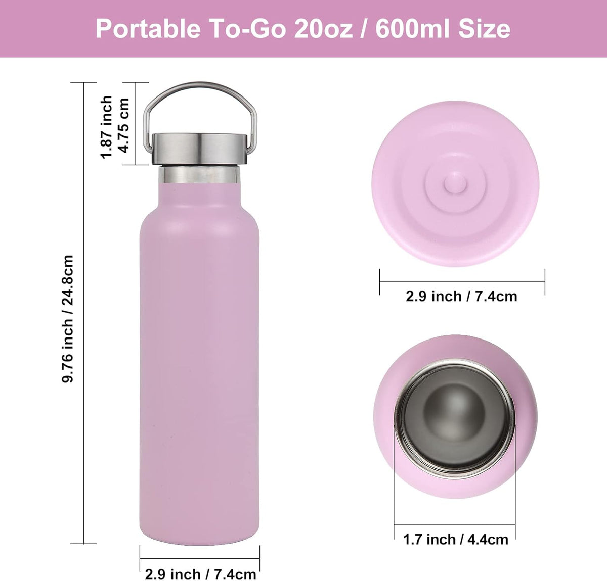 Neihepal 20 oz Insulated Water Bottles Bulk 4 Pack,Stainless Steel Double Wall Sport Bottle with